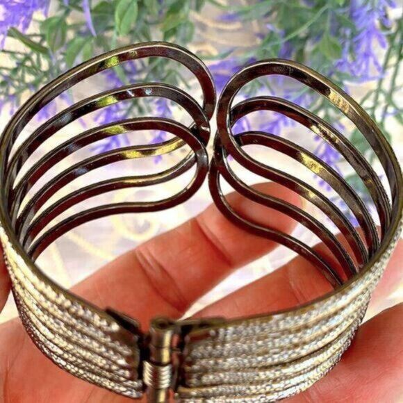 Vintage Bronzed Gunmetal Hinged Clamper Cuff Bracelet - Picture 6 of 8